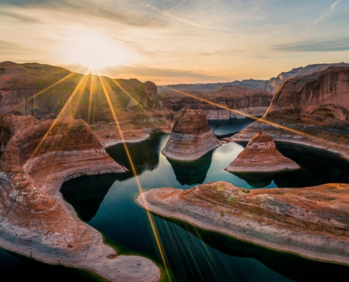 Birds eye view at Lake Powell during sunset or sunrise