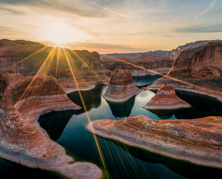 Birds eye view at Lake Powell during sunset or sunrise
