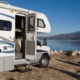 RV parked in front of a lake